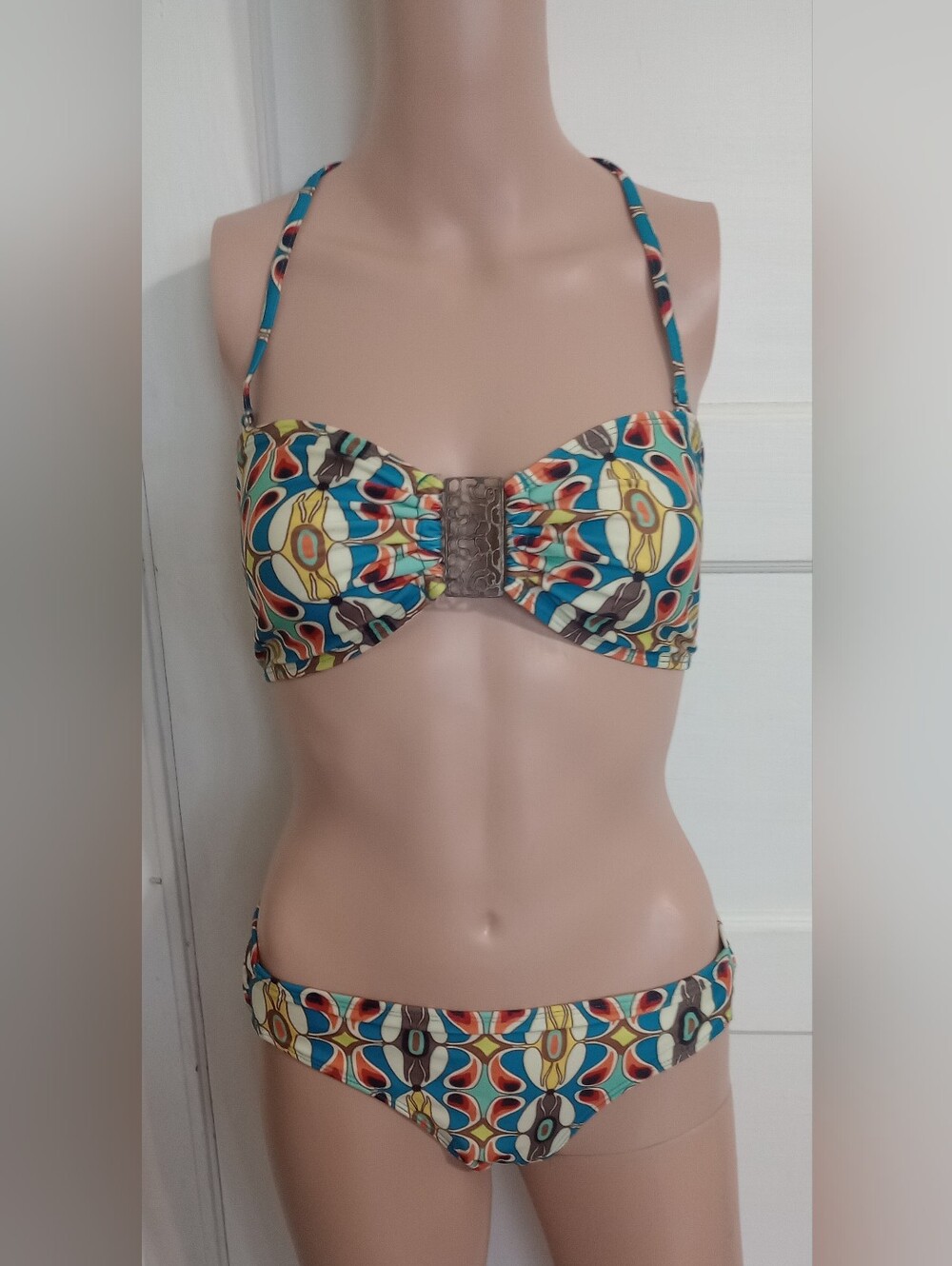 Retro Floral Bandeau Bikini Set in Teal Multi